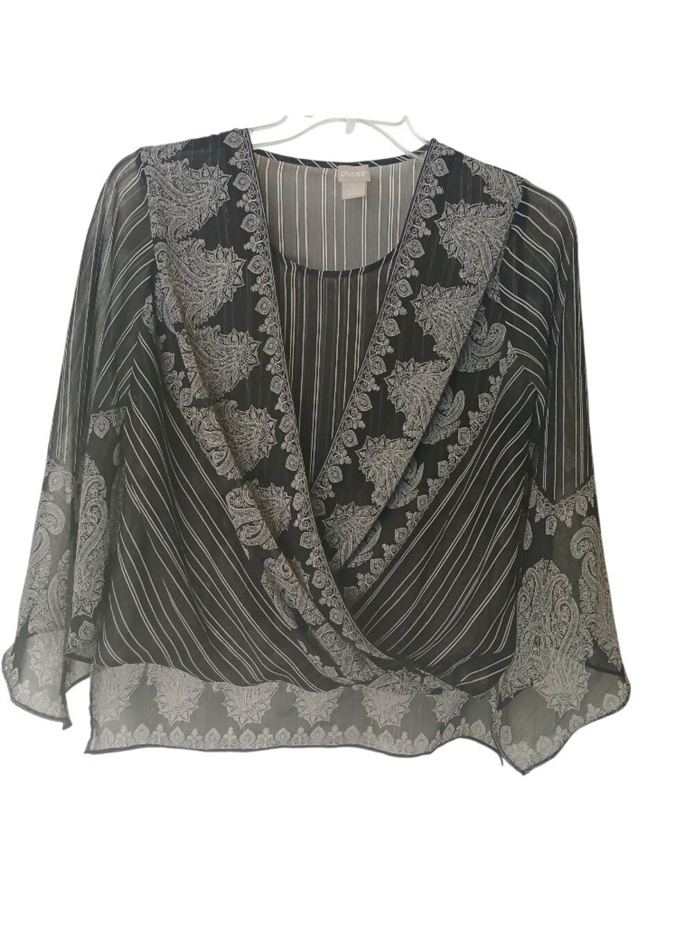 Chicos Black & White Sheer Paisley Striped Blouse Size 0 US S Lightweight #D20